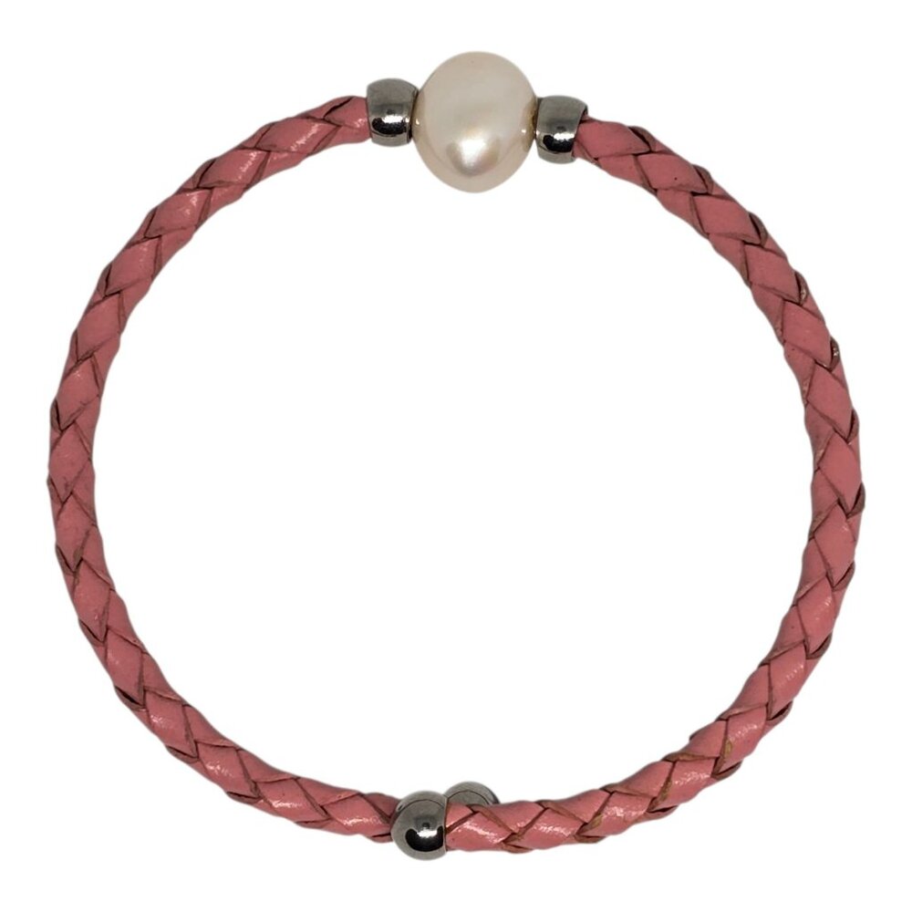 Braided Pink Leather Bracelet With Freshwater Pearl & Silver Accents For Women - Picture 2 of 4